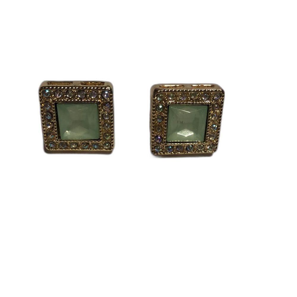 Vintage Gold Tone Square Rhinestone Stud Earrings Green Center Stone‎ OS